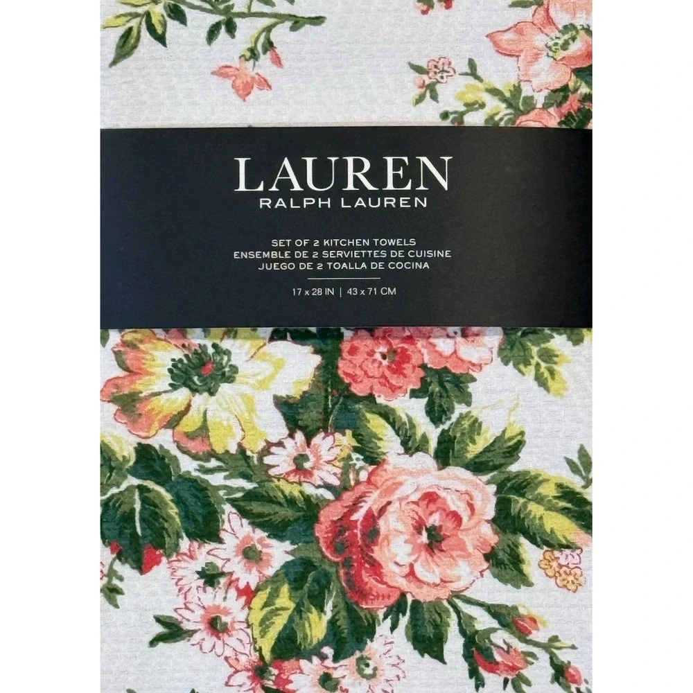 Ralph‎ Lauren Home Floral Pink Roses Absorbent Cotton Kitchen Dish Towels Set 2